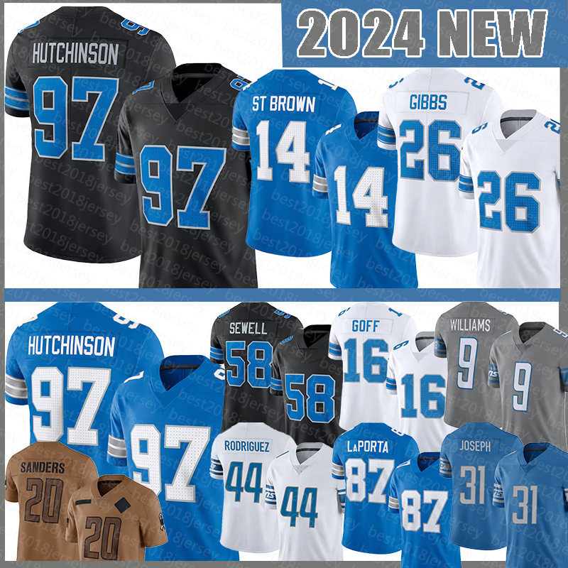 Mens Jahmyr Gibbs Football Jerseys Amon-Ra St. Brown Jameson Williams Malcolm Rodriguez Penei Sewell Jared Goff Kerby Joseph Sam LaPorta Jack Barry Sanders