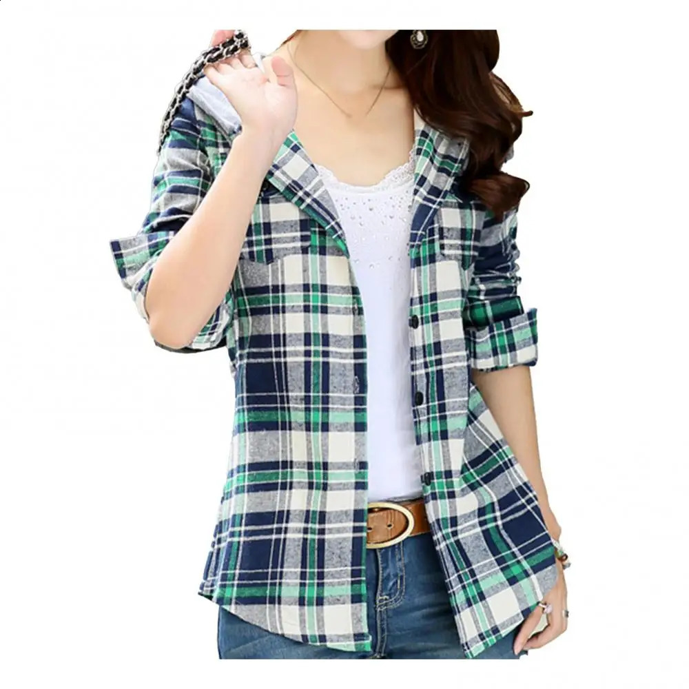 Women Shirt Fashion Loose Long Sleeve Cardigan Coat Classic Plaid Hood Button-up Cotton Shirt Coat Womens Clothing 240823