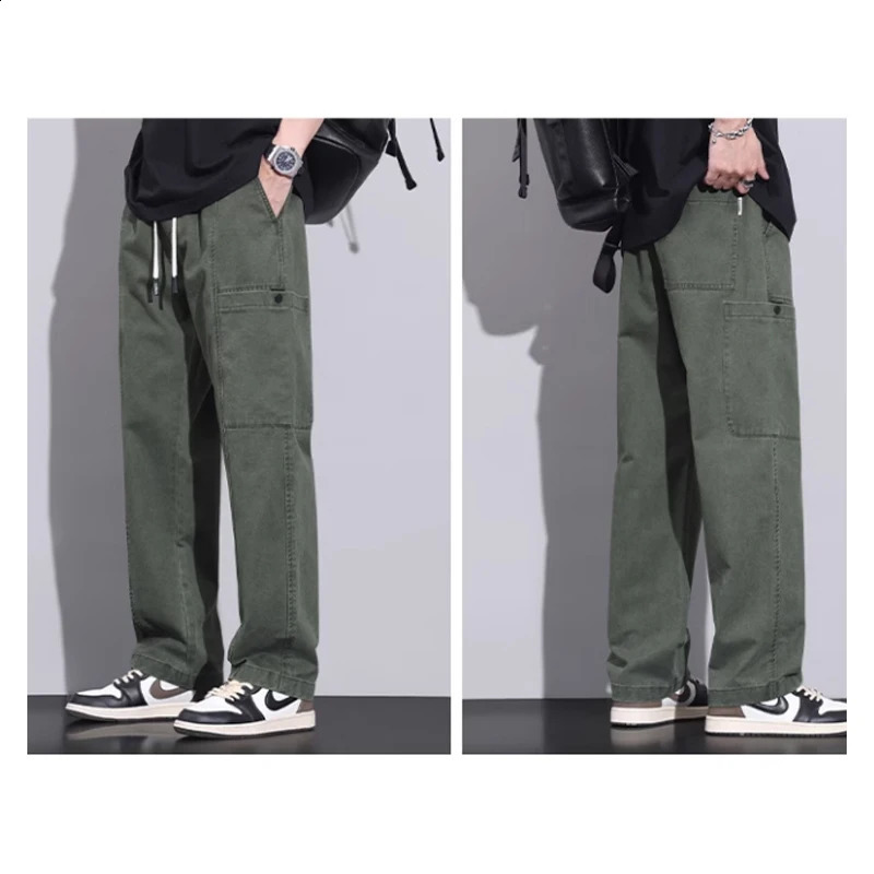 Multi pocket straight leg cargo pants mens drawstring casual wide sports wearresistant 240823