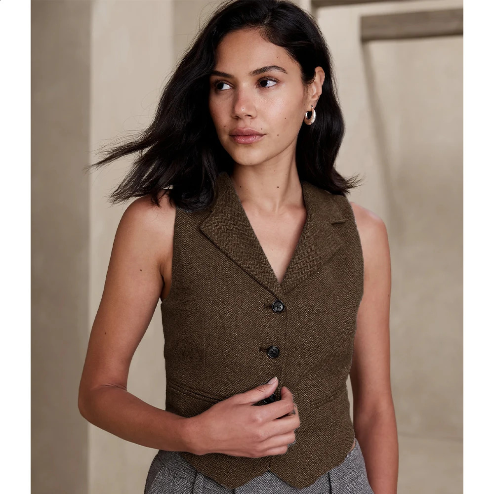 Herringbone Tweed Vest for Women Tailored Collar Slim Fit Womens Waistcoat Sleeveless Jacket Female Outerwear Jackets Knit Vest