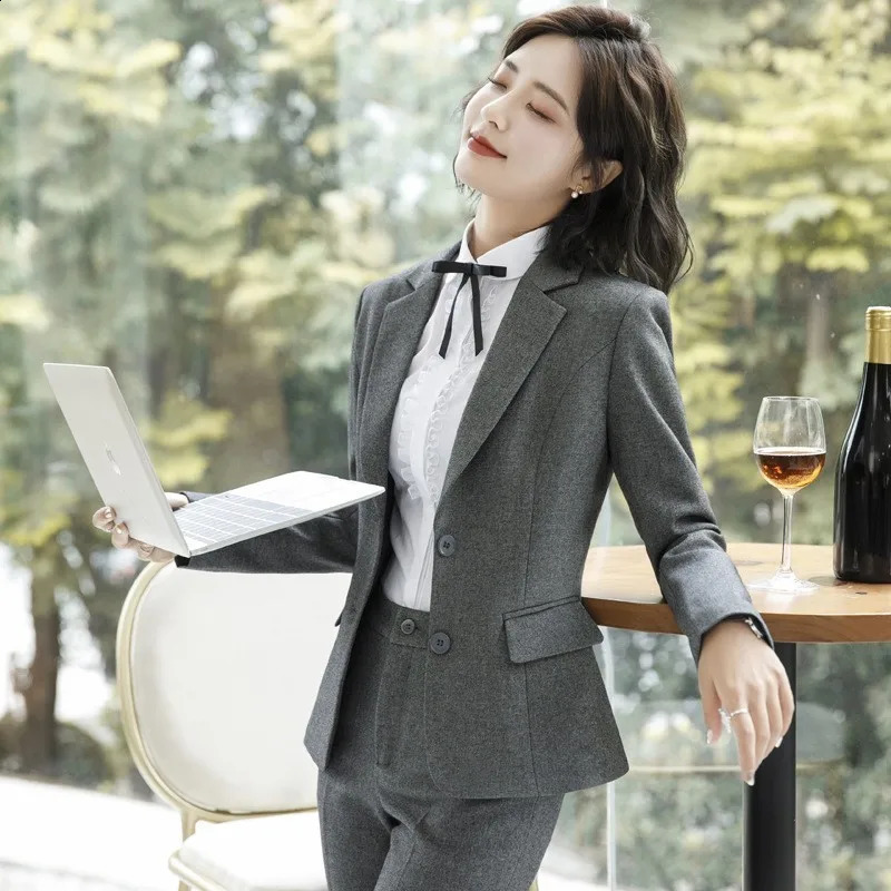 grey formal uniform n womens business suit with pants and jacket office work clothes sportswear 240823