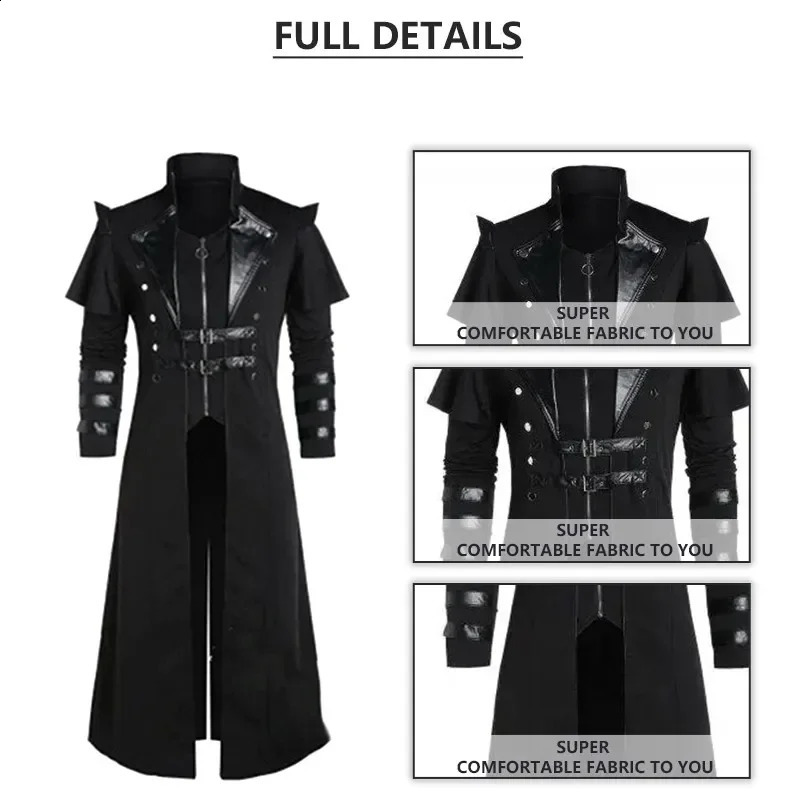 Retro Halloween Medieval Steampunk Elf Pirate Costume Adult Black Long Split Jacket Gothic Armor Leather 240823