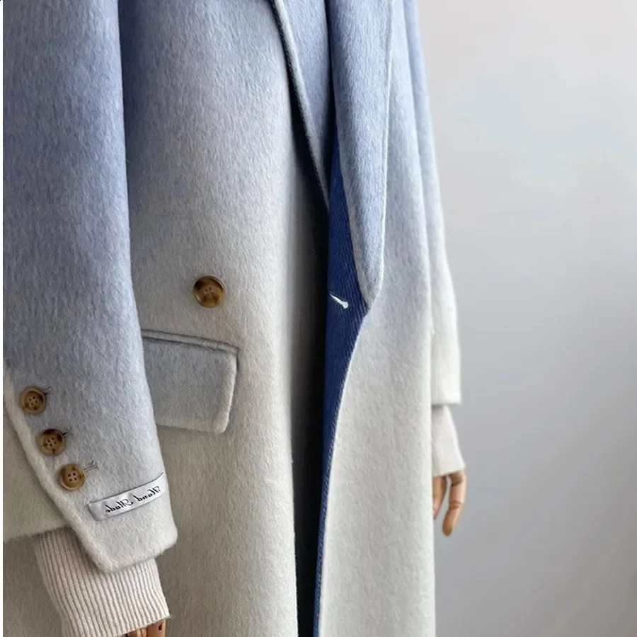 Elegant Blue Gradient White Overcoat Jacket For Women Highend Winter Woolen Goods Doublesided Zippered Clearance Sale 240823