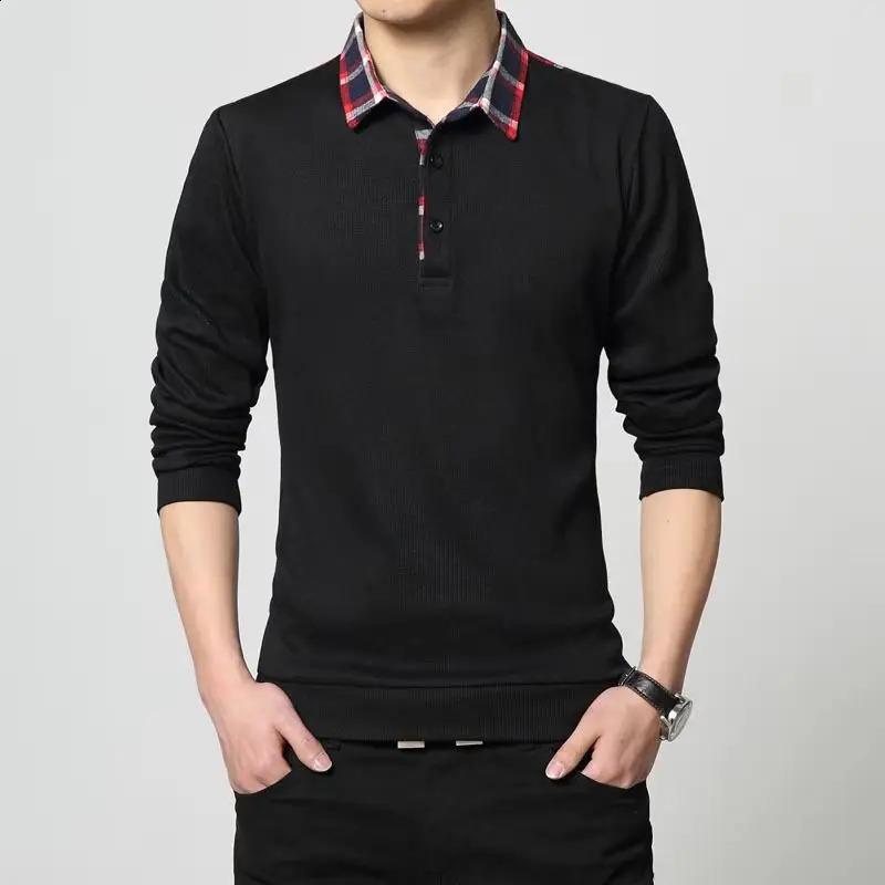 Spring Autumn Korean Business Casual Long Sleeve Polo Shirt Mens Lapel Print Button Patchwork Screw Thread Loose Cotton Tops 240824