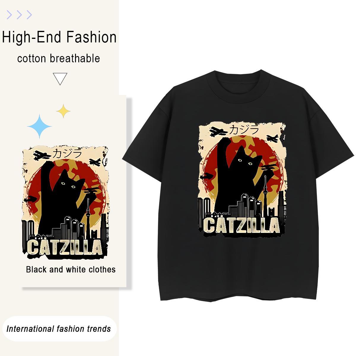 DIY Customized Men Tshirts cat High Street Hip Hop 230g Pure Cotton Tops Tees O Neck Short Sleeves Free Shipping Men T Shirts Black White