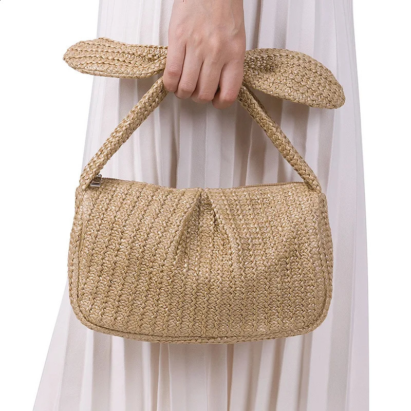 Cute Bow Handle Straw Bag Casual Weave Women Handbags Casual Summer Beach Bags Hobos Clutch Purses for Vacation Party 240823