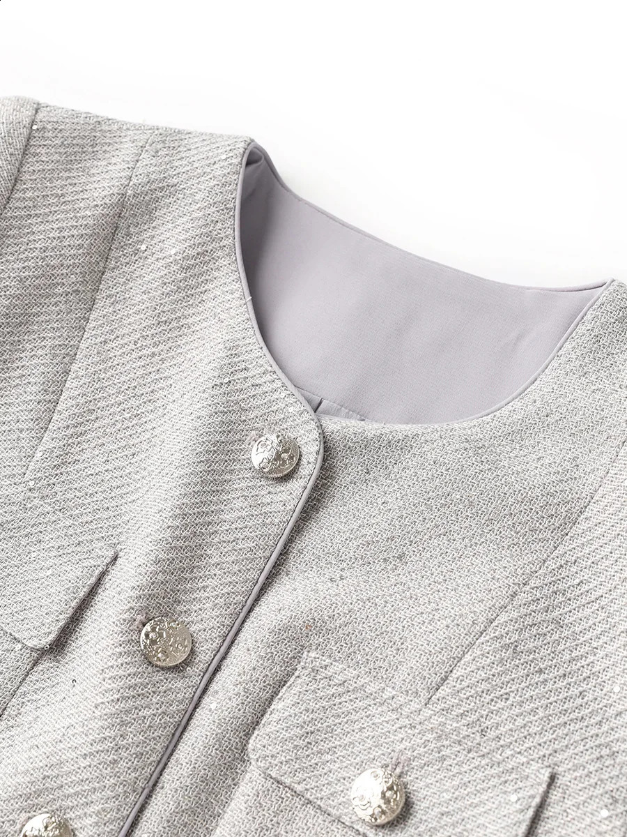 ZJYT Elegant Autumn Womens Sequined Tweed Dress Long Sleeve Single Breasted Breif Short Office Dresses Vestidos with Pockets 240824