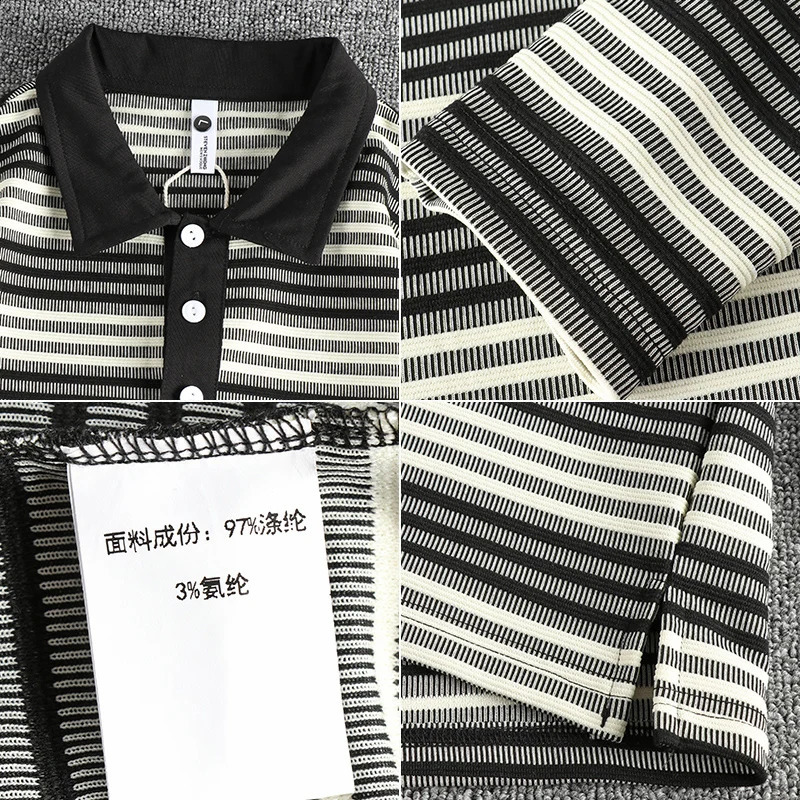 Spring Autumn American Retro Long Sleeve Lapel Knitted Striped Polo Shirt Mens British Fashion Loose Casual T-shirt 240824