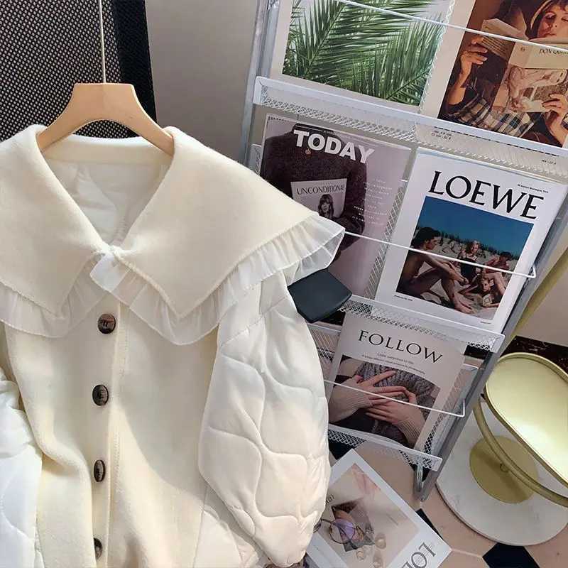 Women's Down Parkas KUSAHIKI Causal Peter Pan Collar Sweater Patchwork Winter Jacket Women Parka Coat Causal Long Slve 2023 New Cardigan Jackets 