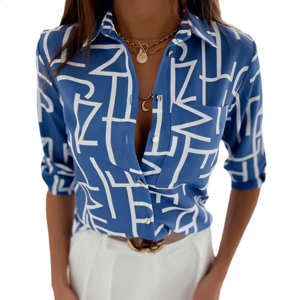 Letter Print Blouse Shirt Women Spring Autumn Temperament Top Long Sleeve Elegant Office Ladies Slim Fit Pocket Shirt 240823