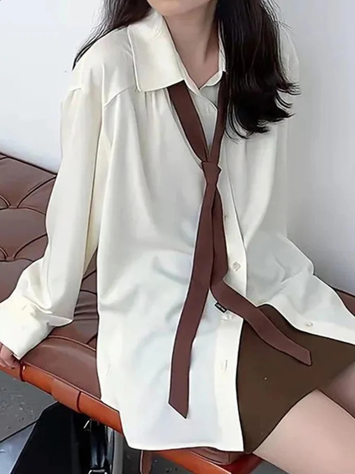 Summer Elegant Long Sleeve Shirt Women Korean Solid Tie Chic Button Blouse Loose Harajuku All Match Office Ladies Simple Tops 240823