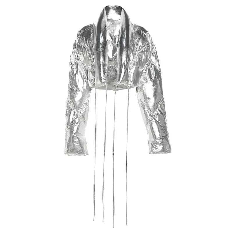 Women's Down Parkas Women Shiny Silver Crop Puffer Jackets Winter Thick Bubble Coats High Waist Bandage Metallic Silver Cardigan Puff Parkas Jack
