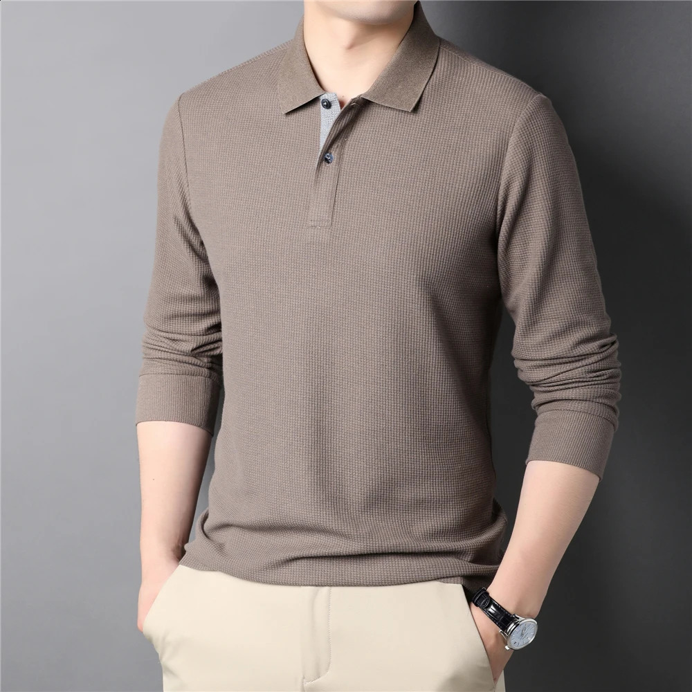 COODRONY mens polo shirt with waffle pattern long sleeved Tshirt clothing soft cotton business casual Z5108 240823