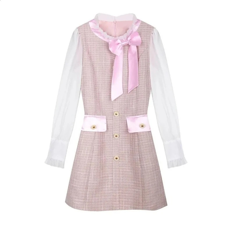 Women Spring Autumn Sweet Pink Mini Dress Korean Lady Graceful Bowknot Patchwork Long Sleeve Dresses Tweed Gown Female 240824