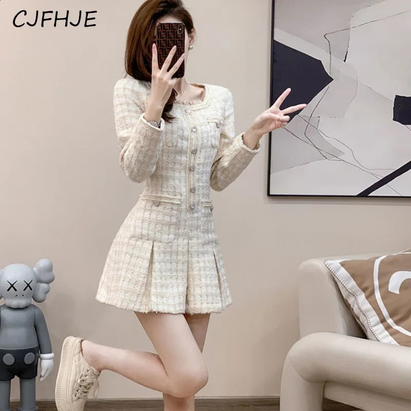 CJFHJE Women Korean Fragrant Style Slim Fit Fashion Casual Long Sleeve Thick Tweed Dress Retro Elegant Womens Dresses 240824