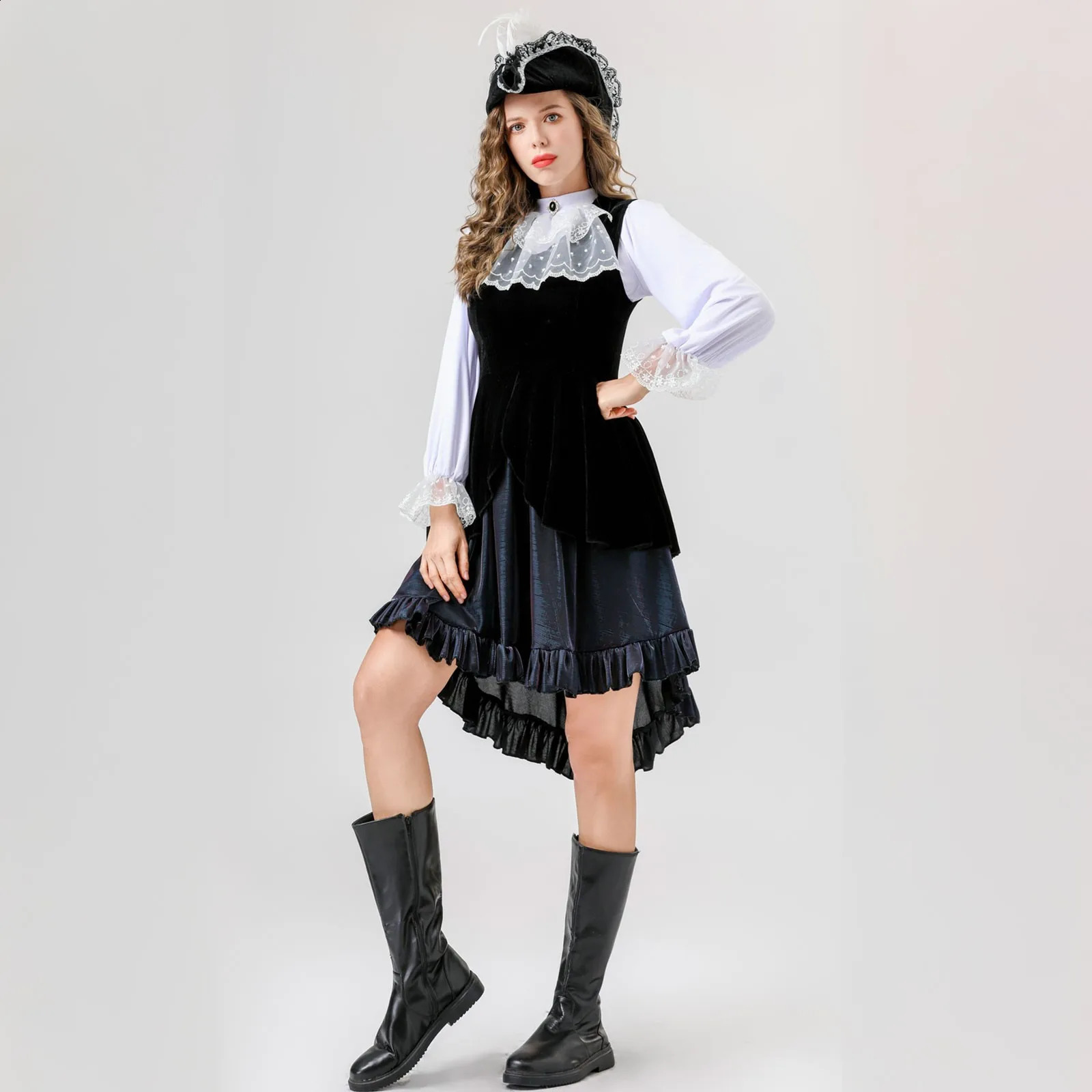 Womens Halloween costume Cos sexy long skirt medieval retro style sweet and elegant exquisite dress sleeved underwear hat strap set 240823