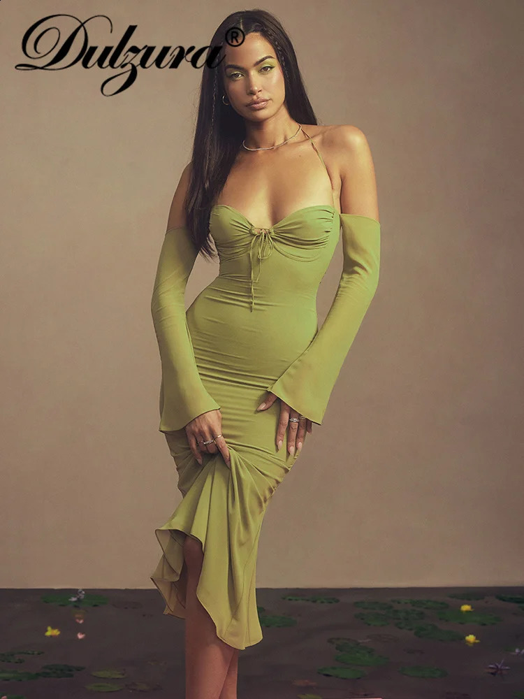 Dulzura Women Chiffon Zipper Sexy Y2K Clothes Lace Up Halter Backless Long Sleeve Bodycon Midi Dress Outfits Party Club 240823
