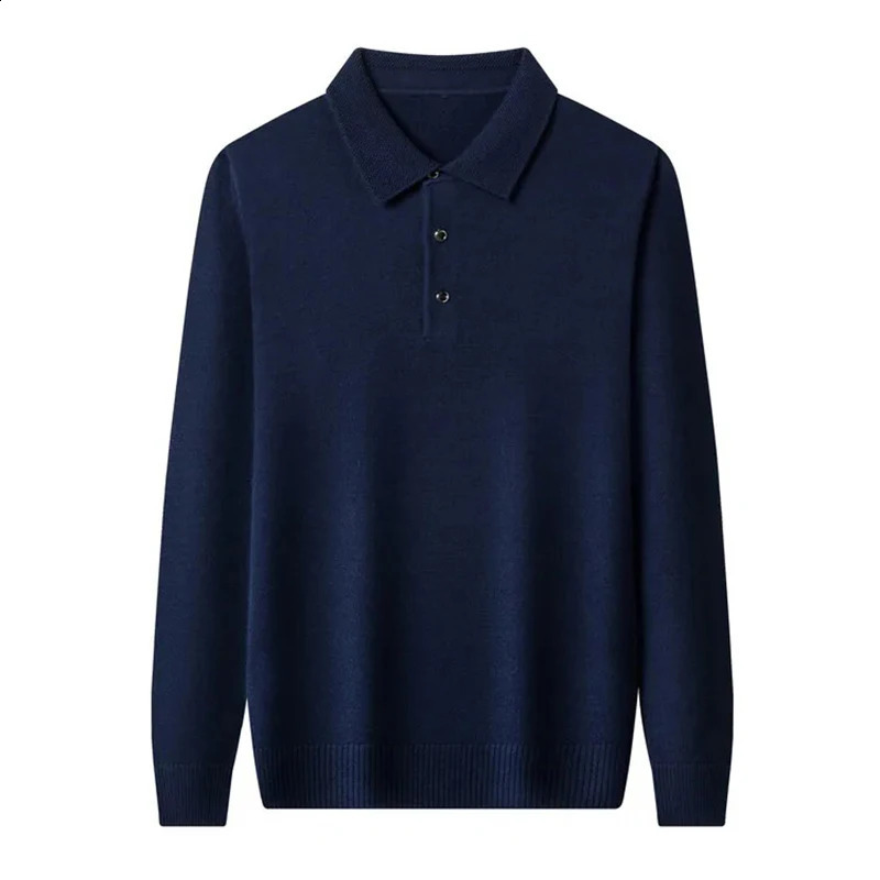 100% merino wool mens lapel pullover long sleeve POLO neck sweater loose top business casual knit bottoming shirt 240823