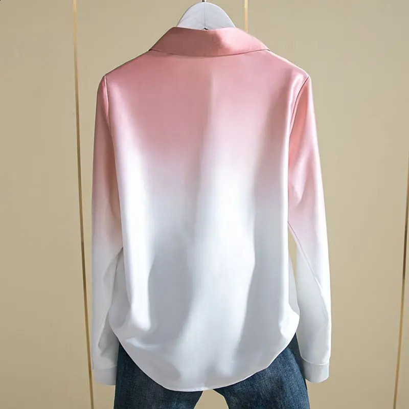 Womens Spring Autumn Fashion Polo-Neck Button Loose and Slimming Long Sleeved Personalized Gradient Western-style Shirt Top 240823