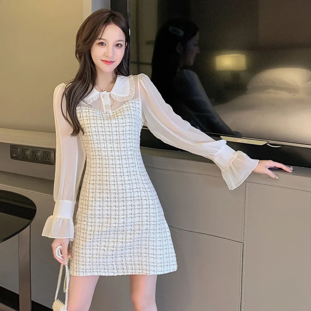Fashion Sweet Pink Dress Womens Long Sleeve Tweed Mesh Long Sleeve Dresses Autumn Winter Polka Dot Pearl Office Work Vesitdos 240824