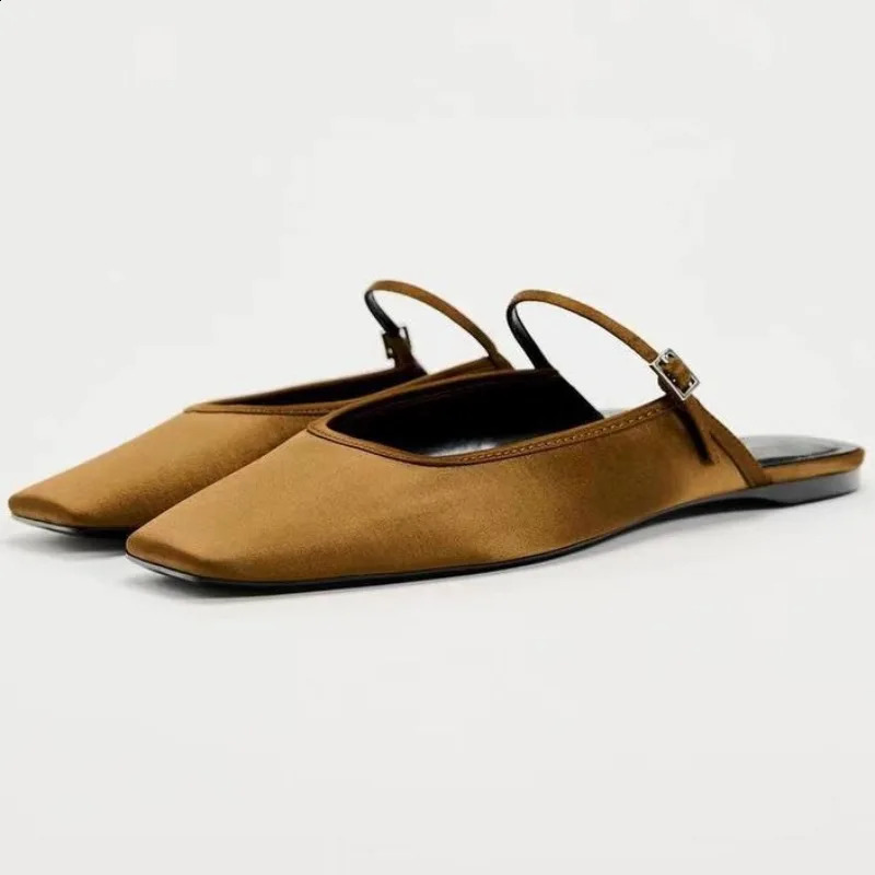 Summer Flat Shoes for Women 2024 Square Lace Breathable Satin Casual Strap Fashion Mule Shoes 240823