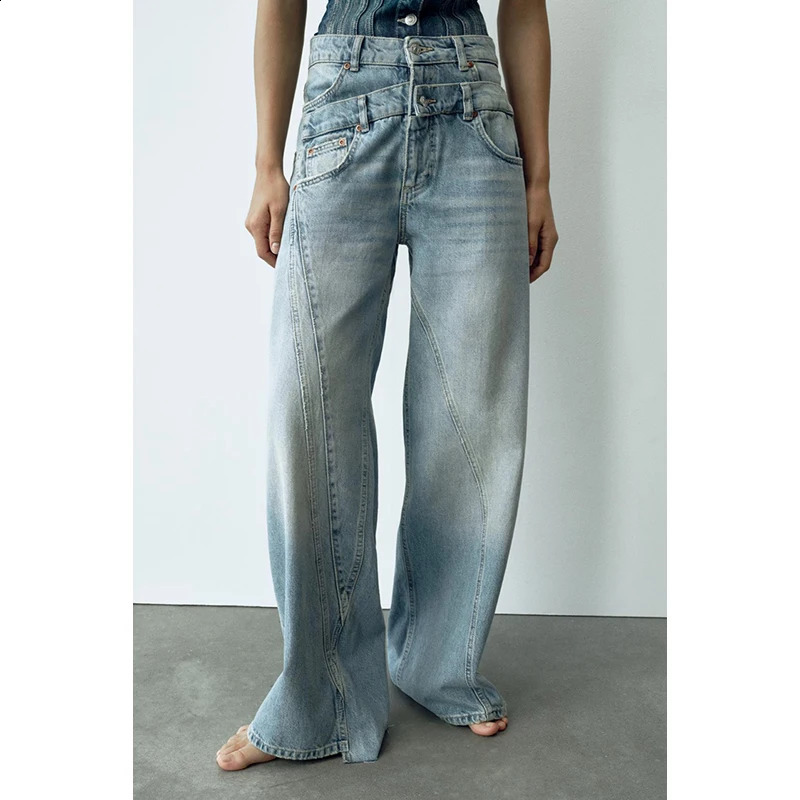 High waisted retro blue womens jeans with spliced work wide leg pants casual bag from culture denim 240823