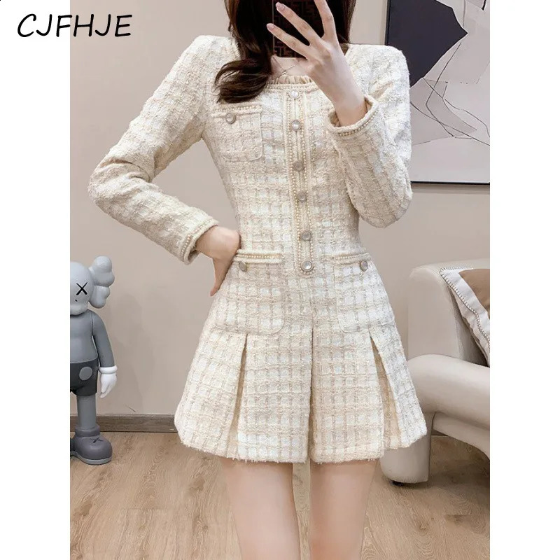 CJFHJE Women Korean Fragrant Style Slim Fit Fashion Casual Long Sleeve Thick Tweed Dress Retro Elegant Womens Dresses 240824