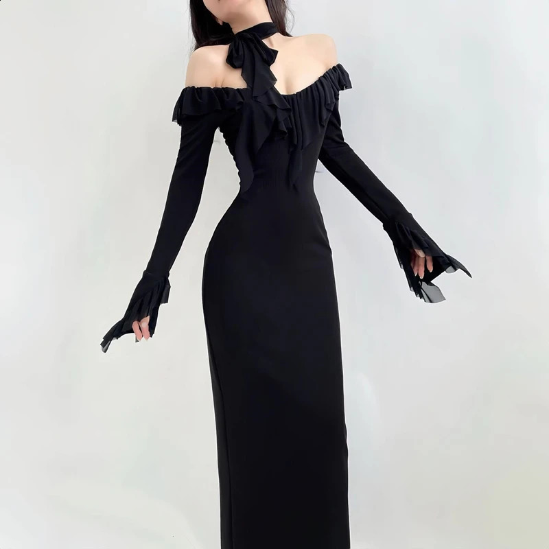 Xeemilo Black Mesh Ruffles Evening Dress Temperament Round Collar Slim Long Sleeve Maxi Dresses Women Elegant Party Club Robe 240823