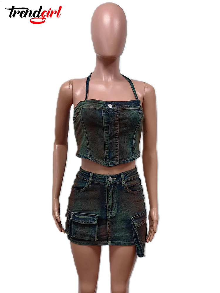 Trendgirl Vintage Army Green Stretch Denim Two 2 Piece Set Women Sexy Halter Tops And Mini Skirt Multi Pocket Club Jean Outfits 240823