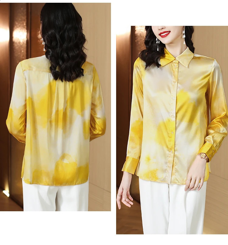 Gradient Yellow Satin Summer Shirt for Women Long Sleeve Spring Autumn Elegant Woman Blouses Office Ladies Tops blusas para 240823