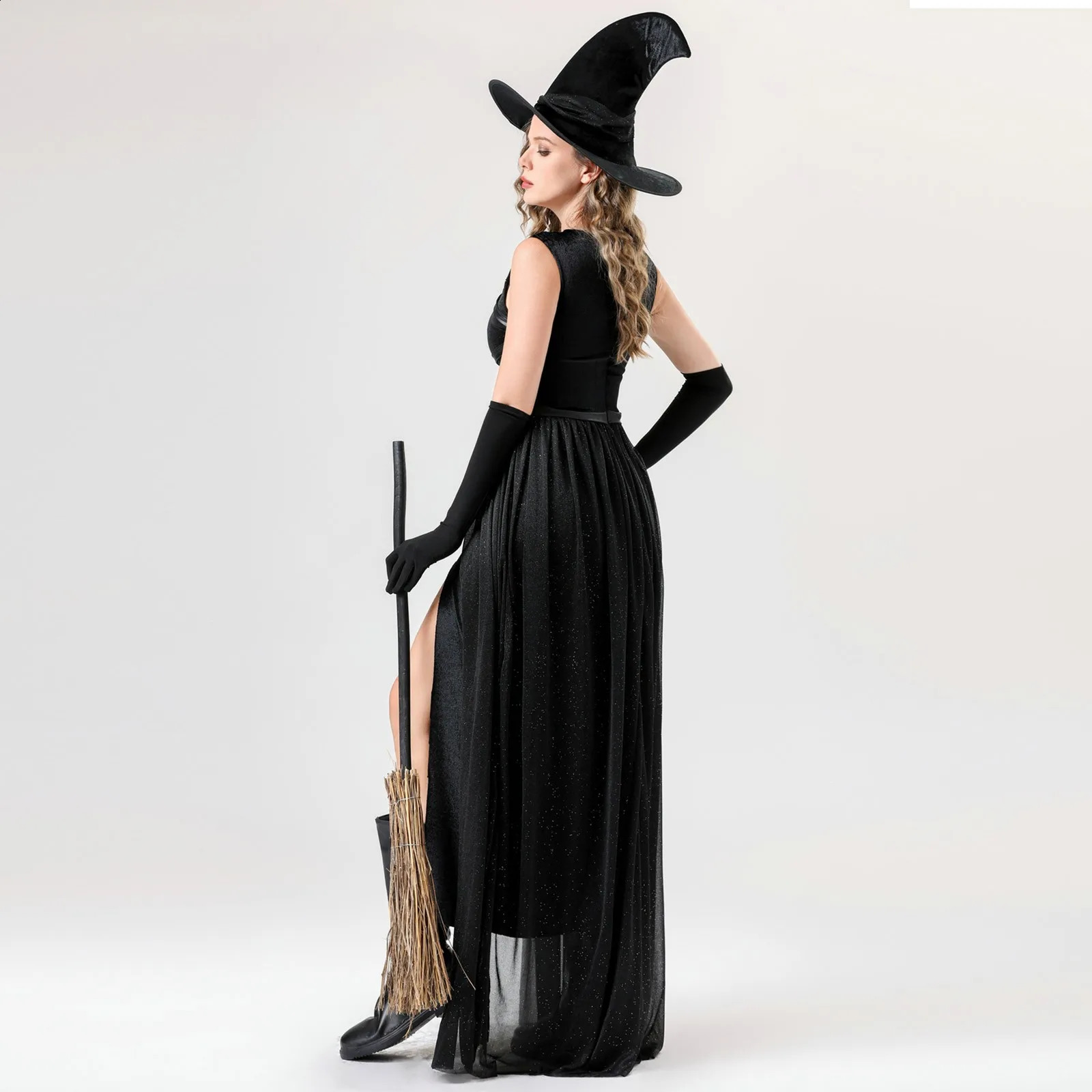 Womens classic Halloween costume dark gothic witch cosplay sexy long dress set with hat and gloves fashionable mesh stage performance w240824