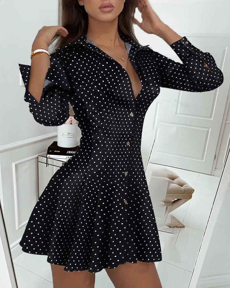 Women Slim Dresses Sexy Turn-down Collar Lace Button Long Sleeves Mini Dress Casual Spring Summer Fashion Ladies Sheer Dress 240823