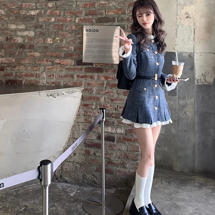 GkyocQ French Elegant Women Tweed Dress O Neck Long Sleeve Single Breasted Waist Slim A Line Short Dresses Female Vestidos 240824