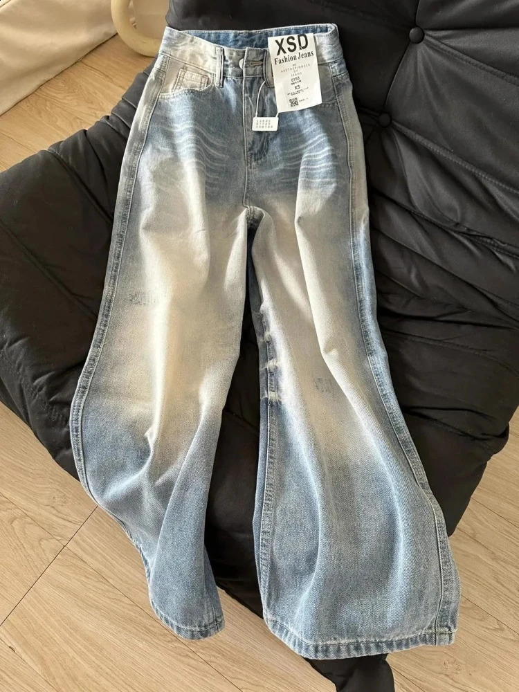 HOUZHOU Casual Loose Vintage Jeans Women Streetwear Y2k Wide Leg Pants Denim Blue High Waist Office Lady Baggy Trousers 240823