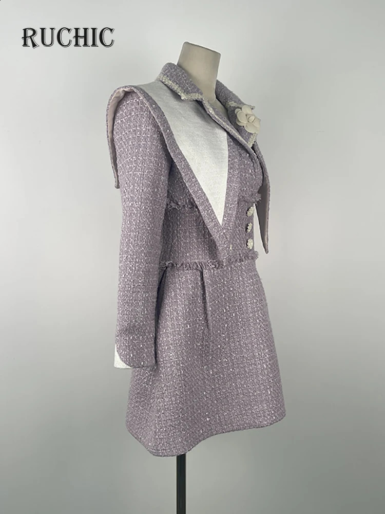 Womens Fashion Dress Shawl Notched Collar 3D Flower Tweed Contrast Color Button Elegant Spring Dresses Chic n 240824