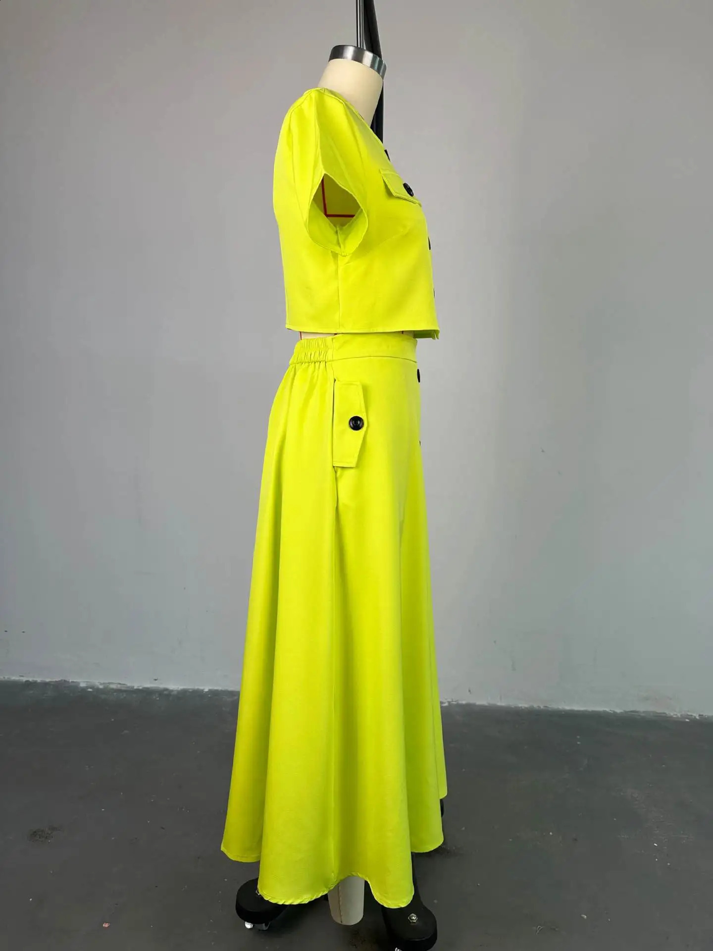 CM.YAYA Women Set Street Short Sleeve O-Neck Button Tops midi Skirts Suits Two 2 Piece Sets Summer OL Fitness Tracksuits 240823