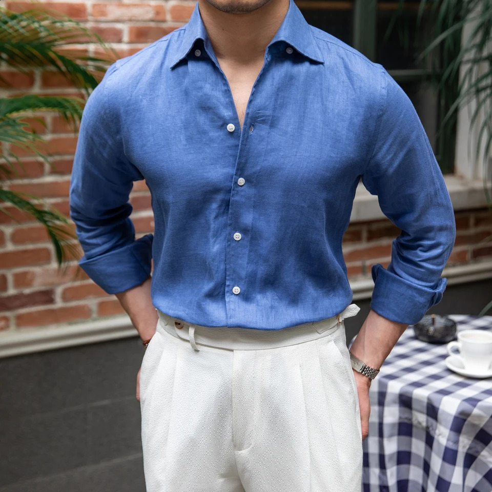 Italian mens summer 100% linen single neck long sleeved breathable casual thin shirt 240823