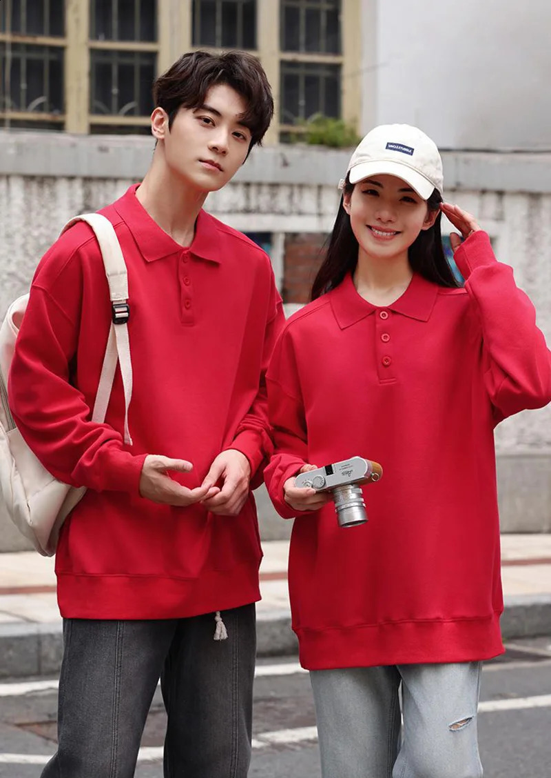 Long Sleeve Buttons Polo Shirt Solid Color American and European Size Loose Pattern Sweatshirt Polo Collar Jumpers Rib Cuff Tops 240824