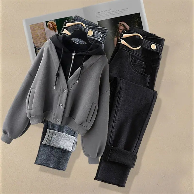 AutumnWinter Set for Women Hepburn Style Two piece Hoodie Loose Sweater Weight Loss Jeans Winter Clothing 240823