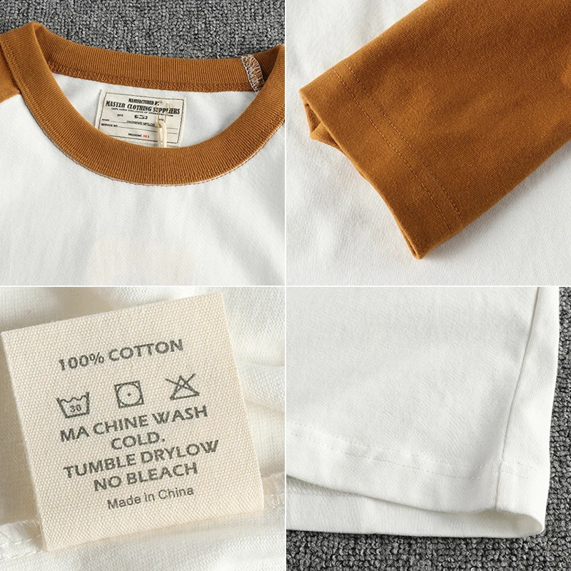 Autumn American Retro Heavyweight 240g Raglan Sleeve Color Splicing Tshirt Mens Fashion Pure Cotton Wash Loose Casual Top 240823