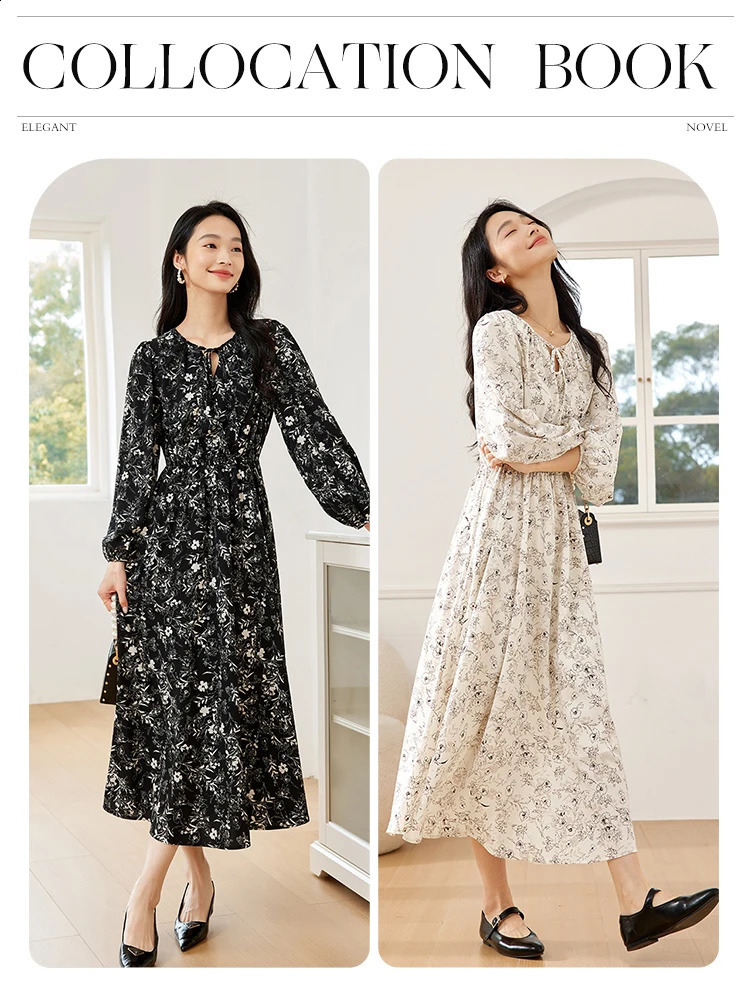 VIMLY Womens Elegant Long Sleeve Floral Print V-neck Casual Dress A-Line Knee-Length Elastic Waist Spring Autumn A-Line Dress 240824