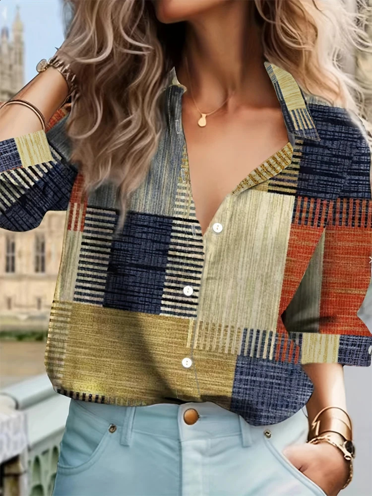 Entry Womens Casual Fashion Color Blocking Plaid v-Neck Long Sleeve Shirt 240823