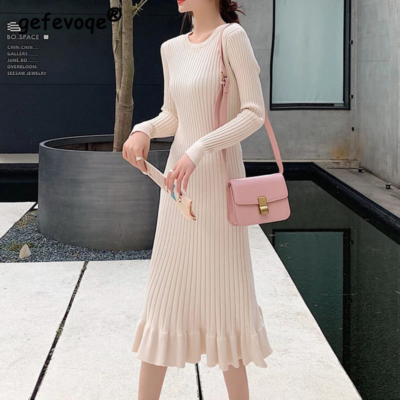 Women Clothing Autumn Winter Fashion Elegant Ruffle Ribbed Knitted Dresses Casual Solid O Neck Long Sleeve Slim Basic Midi Dress 240824