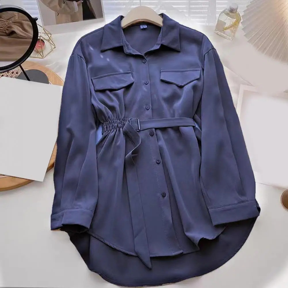 Women Shirt Lapel Long Sleeves Buttons Placket Flap Pocket Women Shirt Pleated Elastic Waist Belt All-Match Shirt camisas 240823