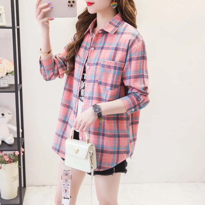 Fashion Loose Womens Plaid Shirt Fresh College Style n Blouses And Tops Long Sleeve Casual Female Checked Clothes 240823
