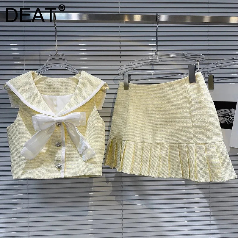 DEAT Summer Collection Tweed Bow Sailor Collar Vest High Waist Pleated Skirt Two-pieces Sets For Women Fashion 11XX9311 240823