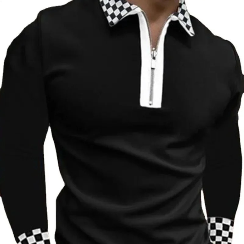 Spring And Autumn Mens Zipper Panel Polo Collar Printed Plaid Loose T-shirt Long Sleeve Polo Shirt Mens 240824