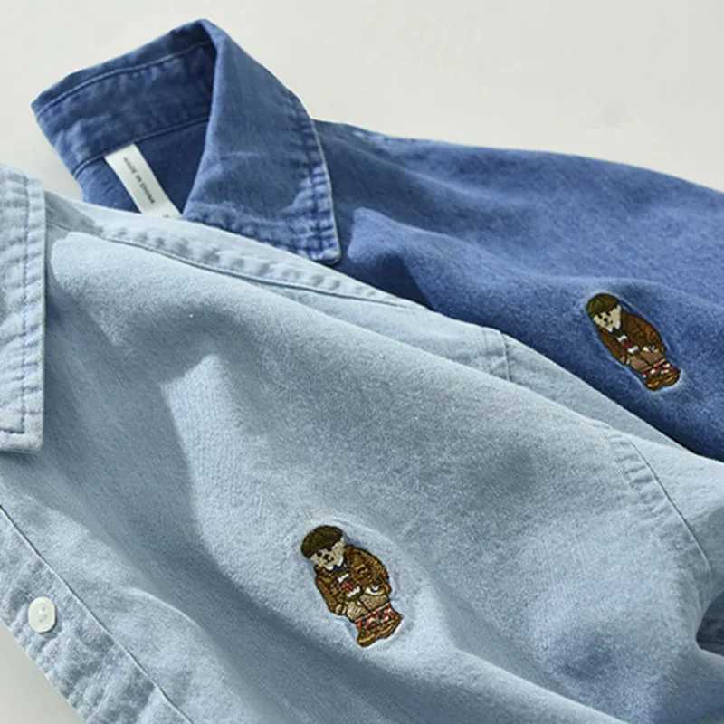 Retro mens denim shirt embroidered bear long sleeved shirt 100% pure cotton casual simple Japanese CamisaW240726
