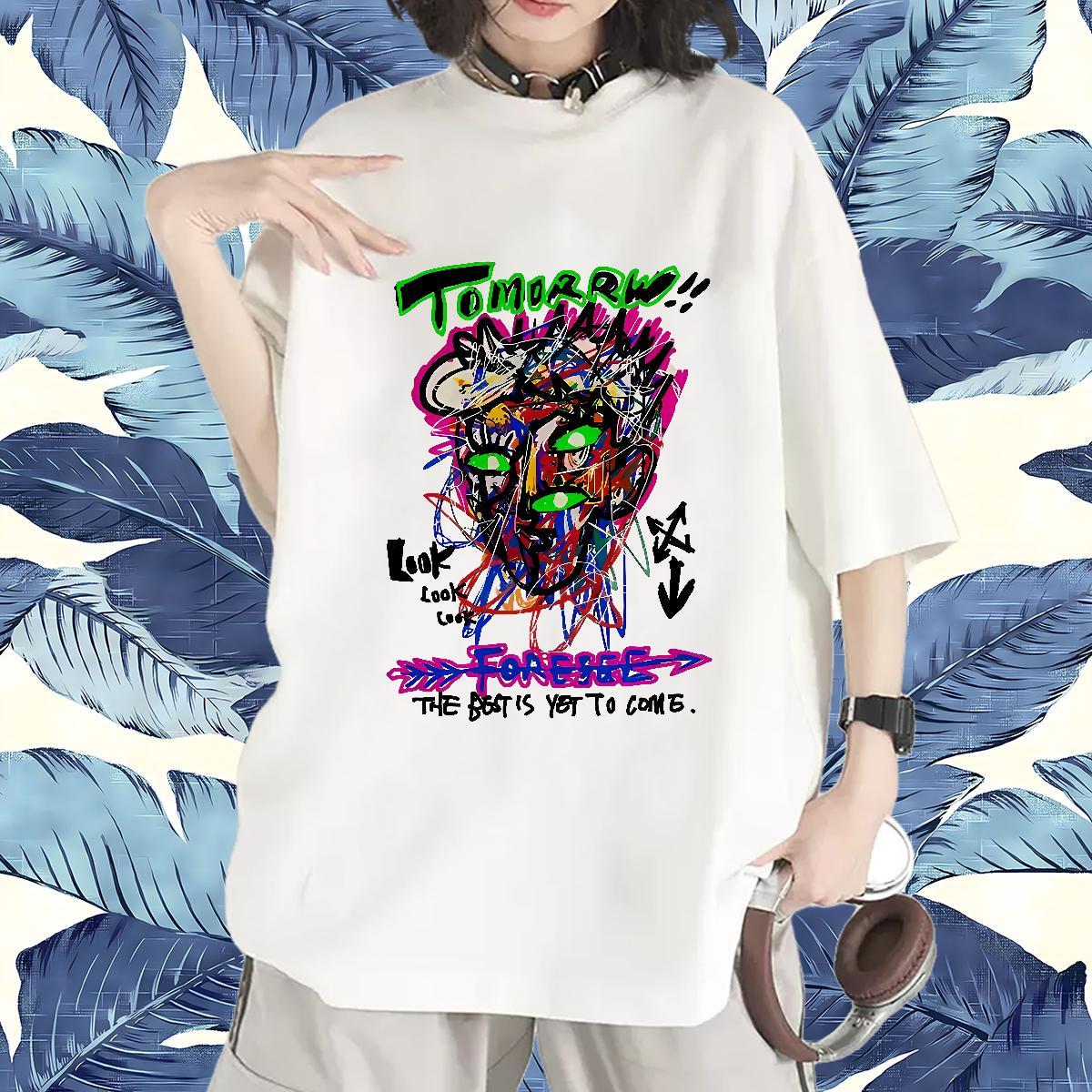 Popular Woman Tshirt 230g 100% Cotton graffiti Summer Casual T Shirts Women Short sleeve Soft Anime Clothes Shirt
