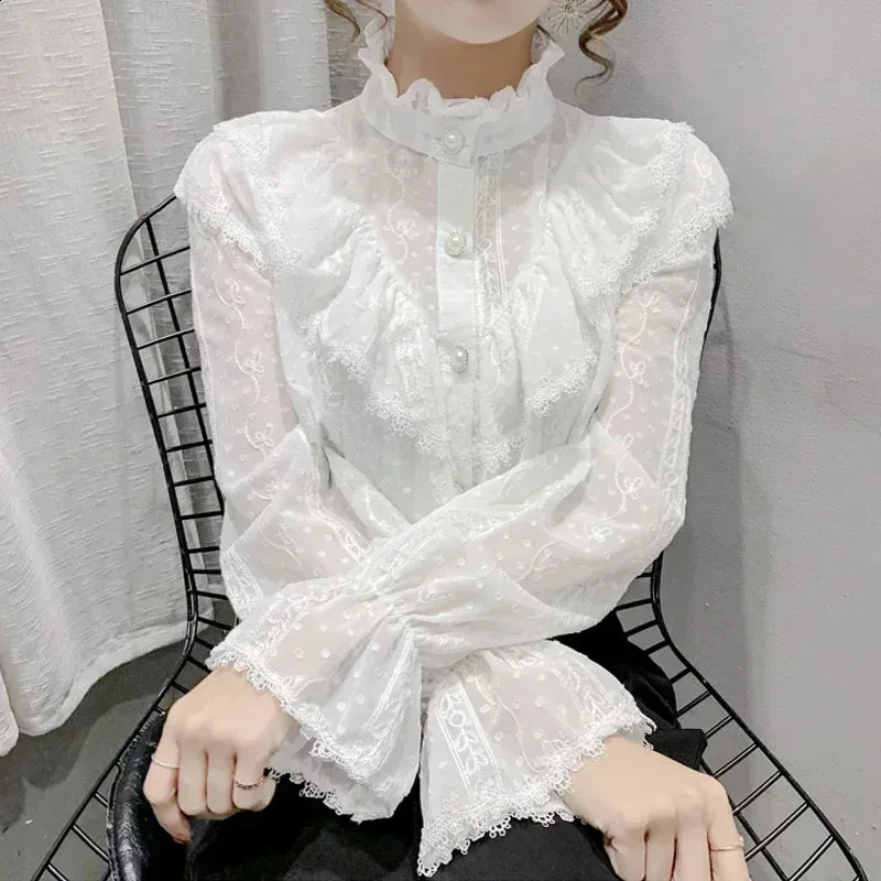 Long Sleeve Loose Spring Fashion Button White Shirt Elegant Stand Collar Pleated Tops Casual Ruffle Lace Blouse Blusas 15832 240823